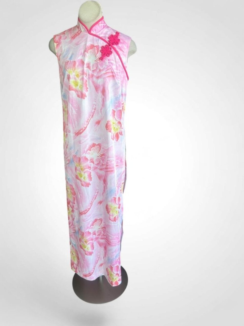 Paradise Hawaii Vintage Cheongsam Split Sides Dress Qipao Pink Floral Size 16